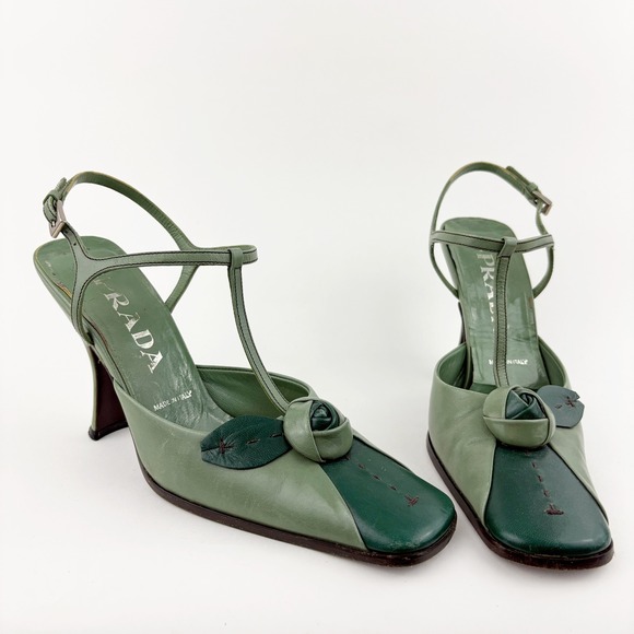 Vintage Prada Green Leather Rose T Strap Heels Size 36 Floral Knot Square Toe - Picture 2 of 14